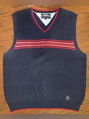 Tommy Hilfiger Men's Navy V-Neck Sweater Vest with Stripes cotton, men’s XL